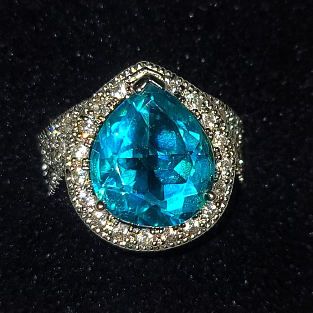 Aquamarine Tear Drop Shape Sterling Silver Ring